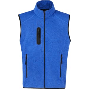 A blue vest with a high collar, front zip, and two side zip pockets, featuring a logo.