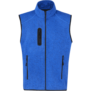 A blue fleece vest featuring a zippered front and two side pockets, with a black zip detail and collar.