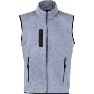 A grey vest with a high collar, zippered front, and two side pockets. Features a branded logo.
