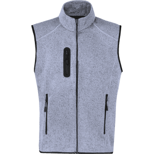 A grey vest with a high collar, featuring a zip front and two side pockets, along with a zippered chest pocket.