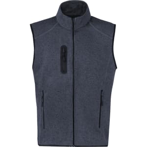 A grey vest with a high collar and zippered pockets, featuring a branding logo on the front.