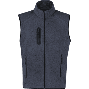 A dark grey fleece vest with a high collar and two side pockets, featuring a zippered chest pocket and branding.