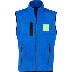 A blue fleece vest featuring a zip front, zippered pockets, and a small patch area for branding.
