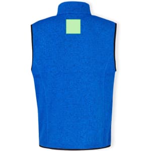 A blue vest featuring a square patch on the back and a contrasting trim. It has a logo visible.