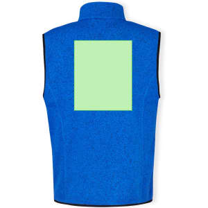 A blue vest with a square area in a light green colour on the back. It features a logo.