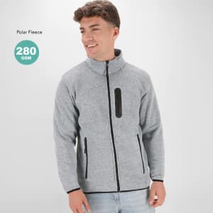 A grey polar fleece jacket featuring a zip front and side pockets, with a logo on the chest.