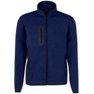 A navy blue polar fleece jacket with a high collar and zippered pockets. It features a branding logo.