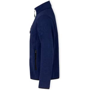 A navy blue polar fleece jacket with a zippered pocket and a high collar, featuring a logo on the side.