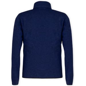 A navy blue polar fleece jacket with a collar, featuring a logo on the back.