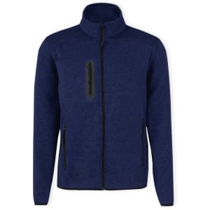 A polar fleece jacket in navy blue with a zip front and two side pockets. It features a small zip pocket on the chest.