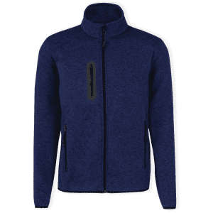 A navy polar fleece jacket featuring a high collar and zippered pockets, with a logo on the chest.