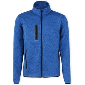 A blue polar fleece jacket featuring a zippered front and pockets, with a logo on the chest area.