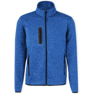 A blue polar fleece jacket featuring a zip front, high collar, and zippered pockets. It has a logo on one side.
