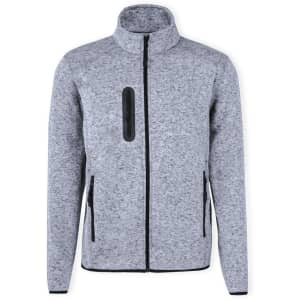 A grey polar fleece jacket with a zippered front and two side pockets. The jacket features a logo on the chest.