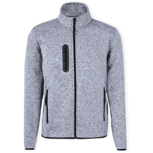 A grey polar fleece jacket with a high collar, zip pockets, and a logo on the front.