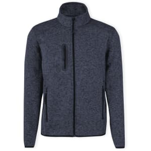 A polar fleece jacket in dark navy with a high collar and zippered pockets. It features a logo on the chest.