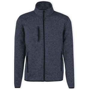 A polar fleece jacket in dark navy, featuring a zip front and zippered pockets, with a logo on the chest.