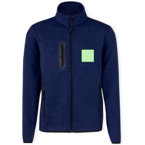 A blue polar fleece jacket featuring a zippered pocket and a patch area. It has a logo on the front.