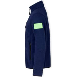 A navy polar fleece jacket with a green patch on the upper arm and zippered pockets on the front.