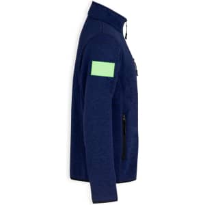 A navy polar fleece jacket featuring a side zip pocket and a green patch on the sleeve. It has a streamlined design.