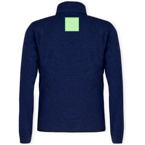 A polar fleece jacket in navy blue with a green square logo patch on the back.