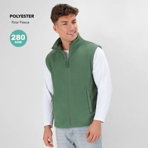 A man wearing a green polar fleece vest with a zip and side pockets, featuring a logo on the front.