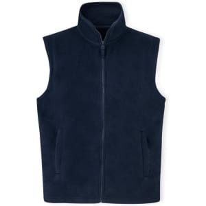 A navy fleece vest with a high collar and a zip front, featuring side pockets and a logo.