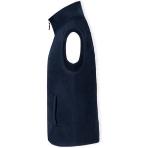 A navy blue vest featuring a high collar and sleeveless design, with a zip and side pockets.