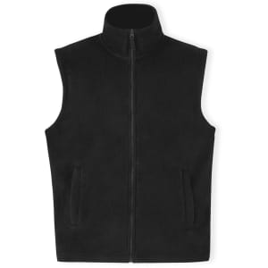 A black fleece vest with a high collar and zip closure, featuring two front pockets.