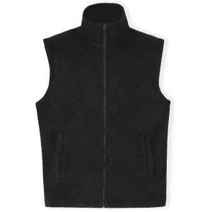 A black fleece vest with a zippered front and two side pockets. It features a stand-up collar and has a logo.