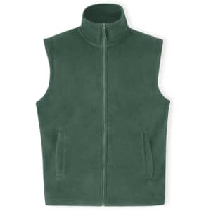 A green fleece vest with a high collar, featuring a zip closure and two side pockets.