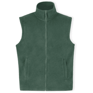 A green fleece vest with a high collar and two side pockets, featuring a zip closure.