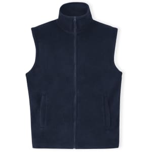 A navy blue vest with a zip front and two side pockets. The fabric appears soft and warm. There is a logo present.
