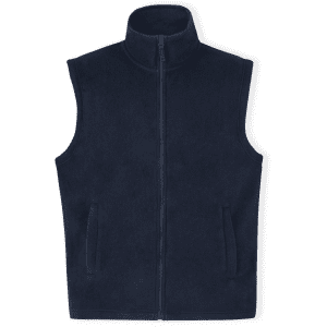 A navy fleece vest with a high collar and zip front, featuring two side pockets. It has a logo on it.