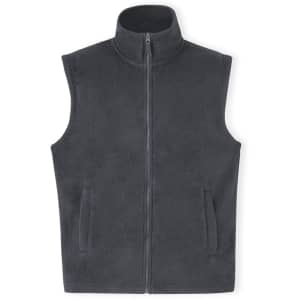 A dark grey fleece vest with a zip front and pocket details. It has a high collar and no sleeves.