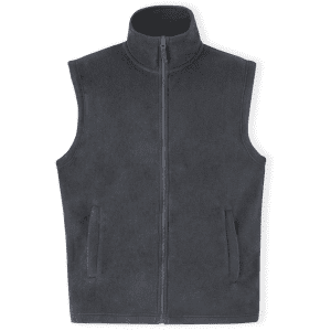 A dark grey vest with a high collar and zip front, featuring two side pockets.