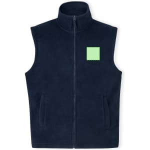 A navy blue fleece vest featuring a zip front, high collar, and side pockets, with a small green square patch.