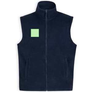 A navy fleece vest with a high collar, two side pockets, and a blank green square. It features a logo on the front.