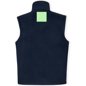 A navy vest with a high collar and a square green patch on the back. The design features no sleeves.