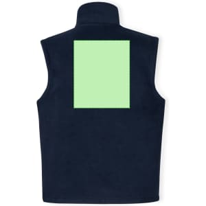 A navy blue vest featuring a large green patch on the back and a collar. It has a logo.