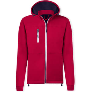 A red soft shell jacket with a hood, featuring a zip front and a contrasting inner lining. It has a logo on one side.