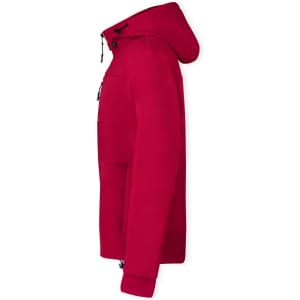 A red soft shell jacket with a hood and front pockets, featuring a logo on the chest.