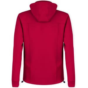 A red soft shell jacket featuring a hood, with a clean and minimalist design. It has a logo on the back.