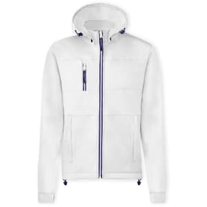 A soft shell jacket in white with a hood, featuring a zippered front and one pocket, adorned with a logo.