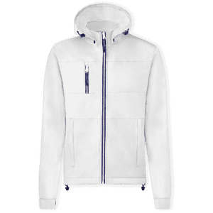 A white soft shell jacket with a hood, featuring zippered pockets and a logo.