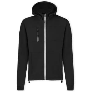 A black soft shell jacket with a hood, featuring a zip front and pockets, including a logo.