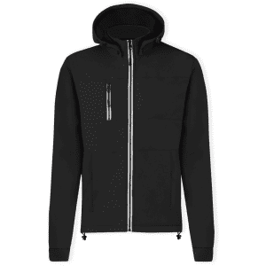 A black soft shell jacket with a hood, featuring zippered pockets and a central zip closure. It has a logo.