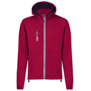 A red soft shell jacket with a hood, featuring zippered pockets and a logo.