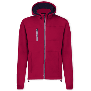 A red soft shell jacket with a zip front, hood, and a chest pocket, featuring a logo.