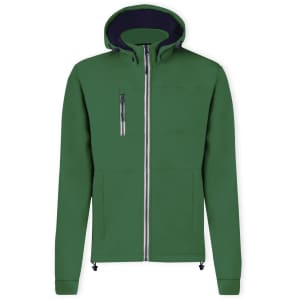 A green soft shell jacket with a hood, featuring a zippered chest pocket and a logo.